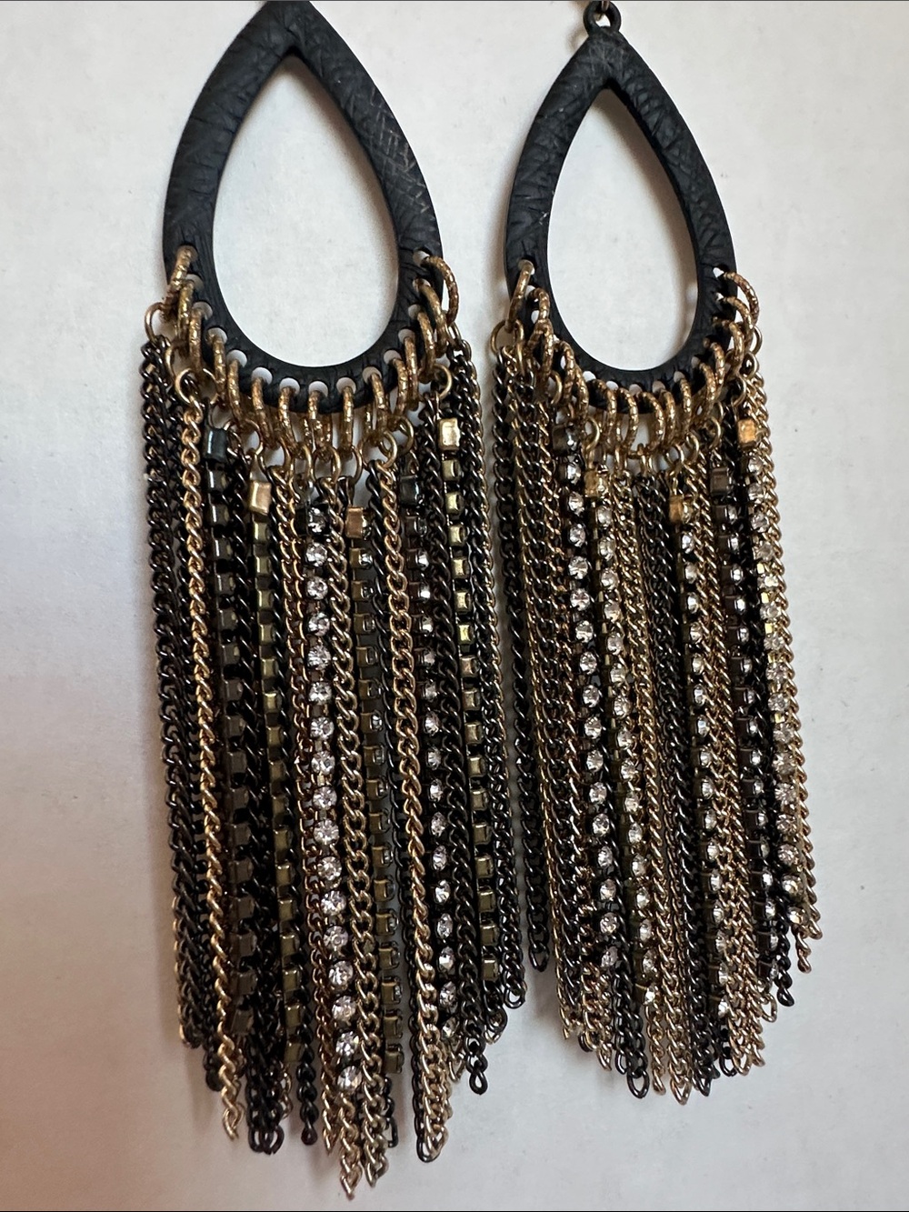 Black and Gold Fringe Teardrop Drop Earrings